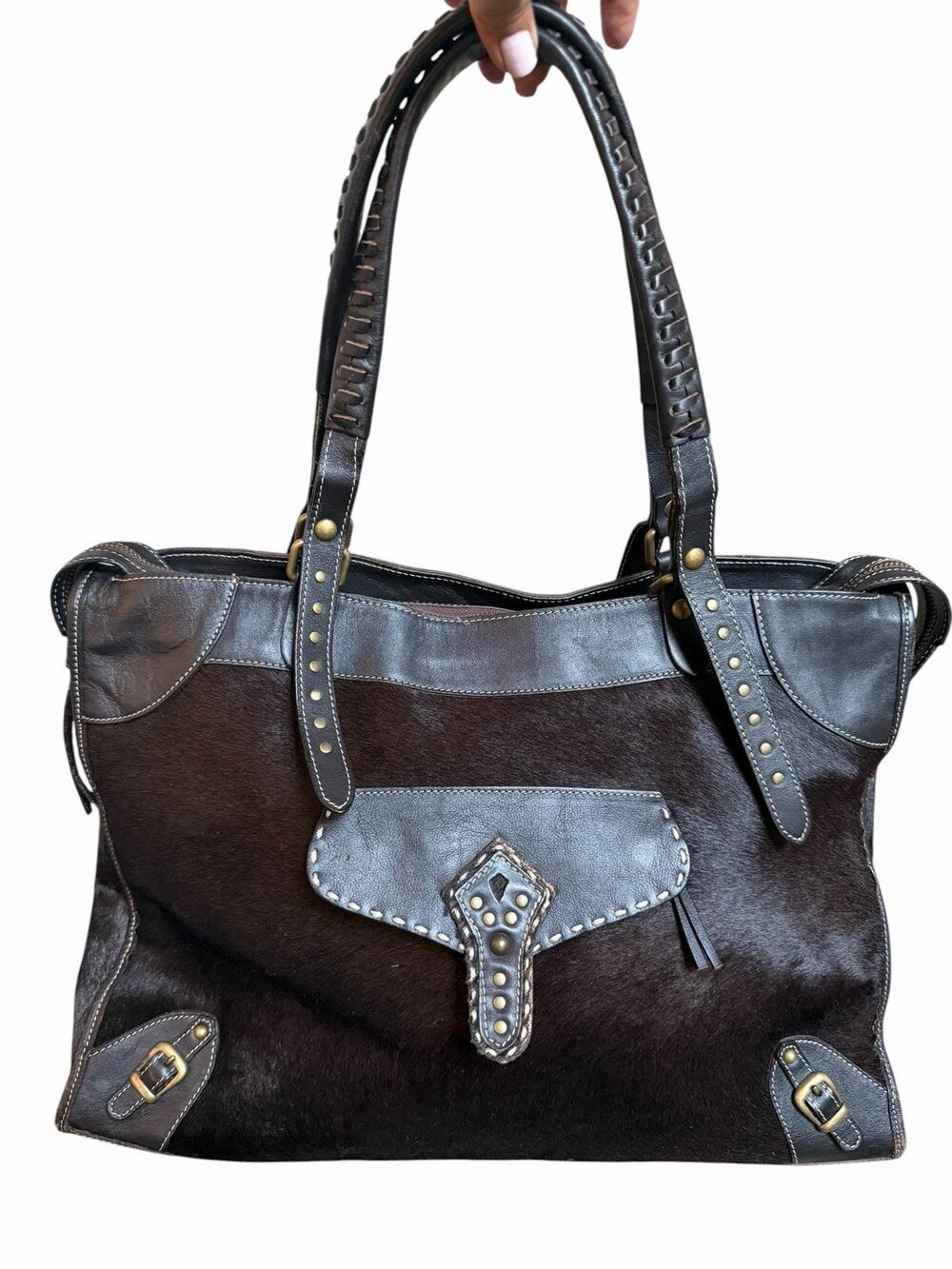 Cavalcanti Brown Pony Hair Leather Tote Bag Western Exposed Stitching Grommets